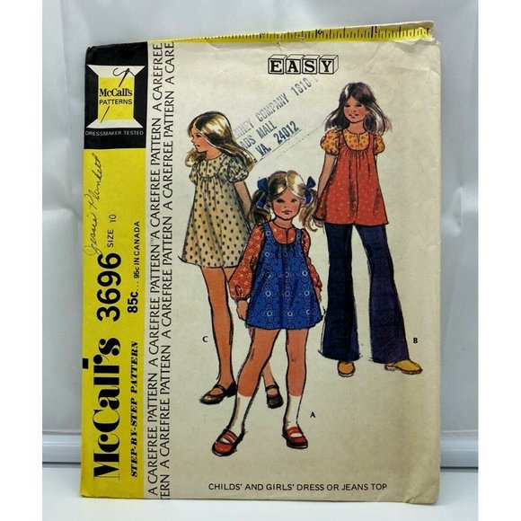 McCall's Sewing Pattern 3696 Childs And Girls Dress Jeans Top Sz 10 Vintage 1973 - Picture 1 of 4
